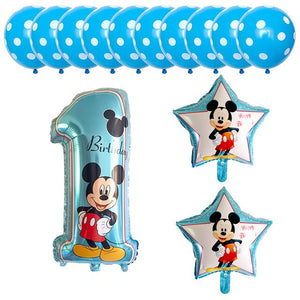 Mickey and Minnie First Birthday Balloons - Pink Red Blue - 13 Pieces - 18 Inches